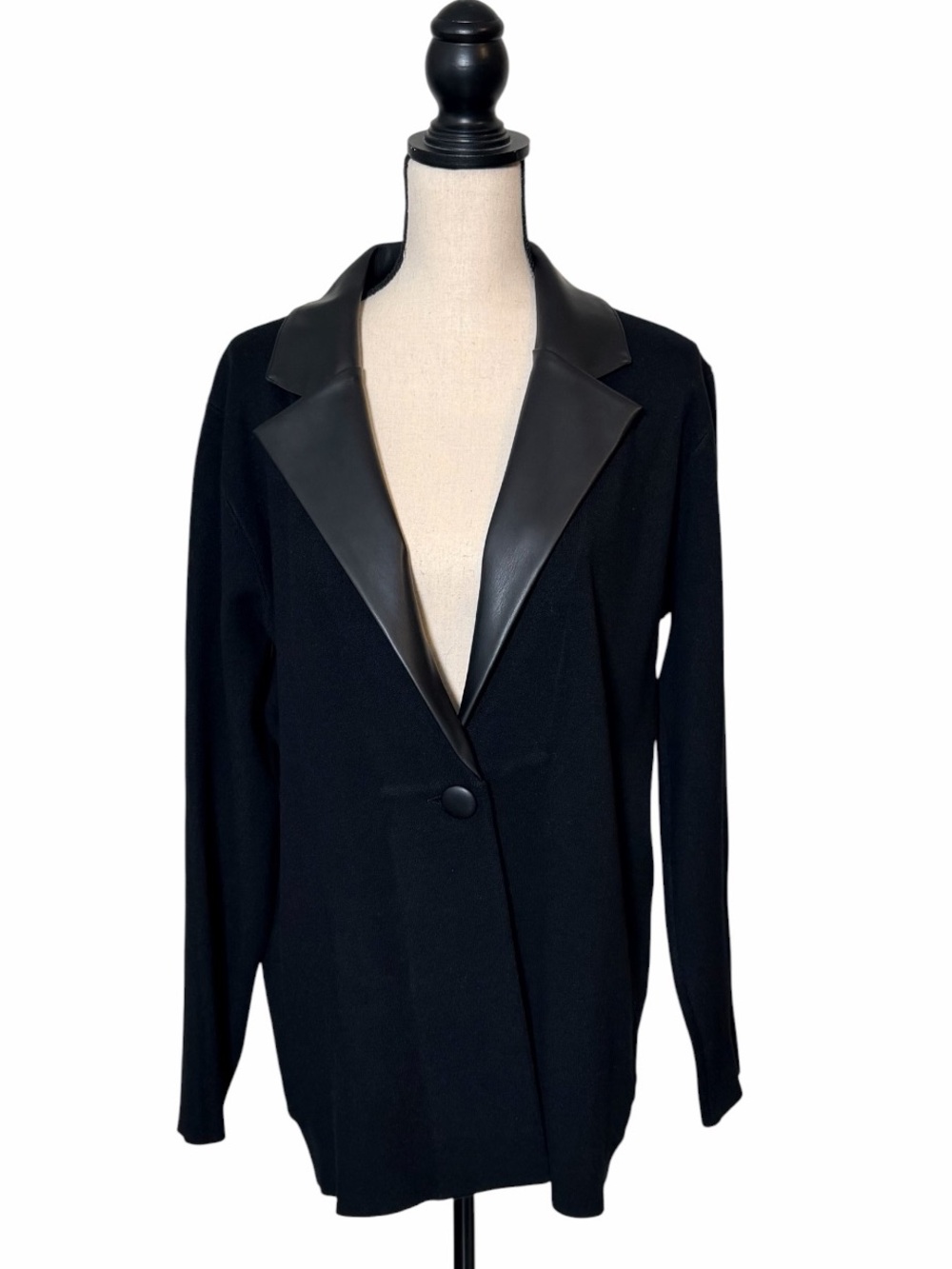 Sioni Black Sweater Blazer with Vegan Leather Collar Accent Size Large